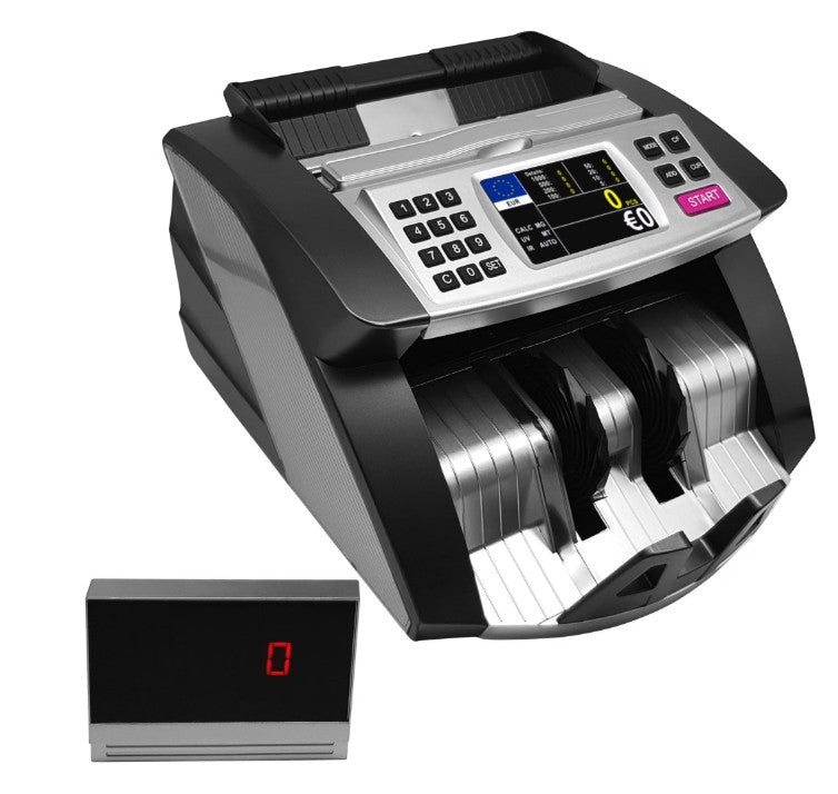 Masina de numarat bani, Detectare bancnote prin IR, UV, MG & DD, Aparat de numarat banii cu display propriu si extern, Display LCD color, 1000 bancnote/min, Husa inclusa, Seria 4000, gri