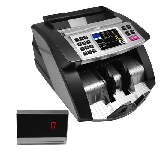 Masina de numarat bani, Detectare bancnote prin IR, UV, MG & DD, Aparat de numarat banii cu display propriu si extern, Display LCD color, 1000 bancnote/min, Husa inclusa, Seria 4000, gri